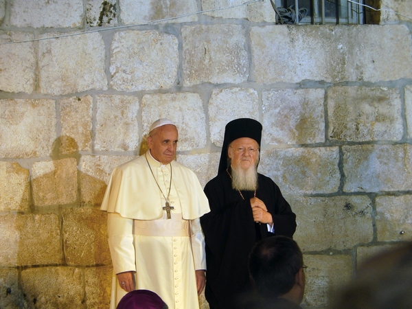 Pope Francis meeting with Patriarch Bartholomew I in the Church of the Holy Sepulchre during his 2014 pilgrimage to the Holy Land